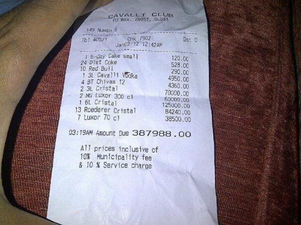  105000 Receipt from Dubai's Cavalli Club By Rami on January 5 